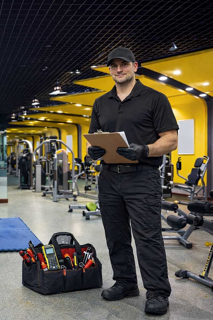 Service Tech holding papers in gym