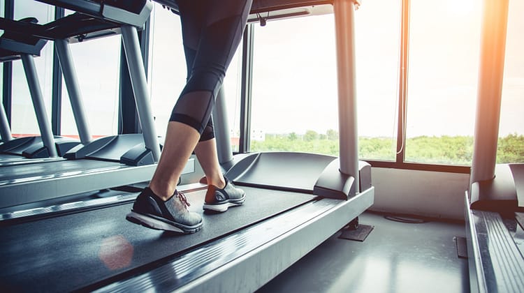 Close up of people who exercising on treadmill. Close-up of woman legs walking by treadmill in sports club. Fitness and Body build up concept. Workout and Strength training concept. Sport club theme.