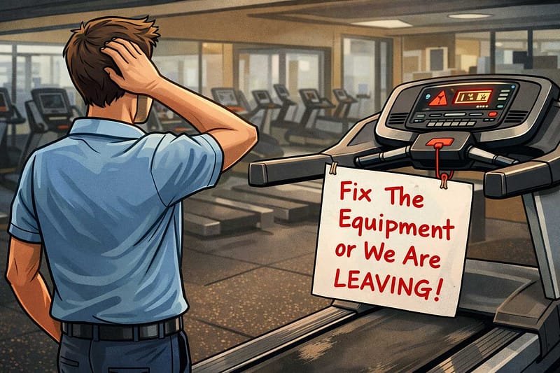manager reading a sign that says fix the equipment